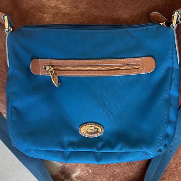 Coach Handbags - Coach Teal Nylon Crossbody with Tan Leather Trim